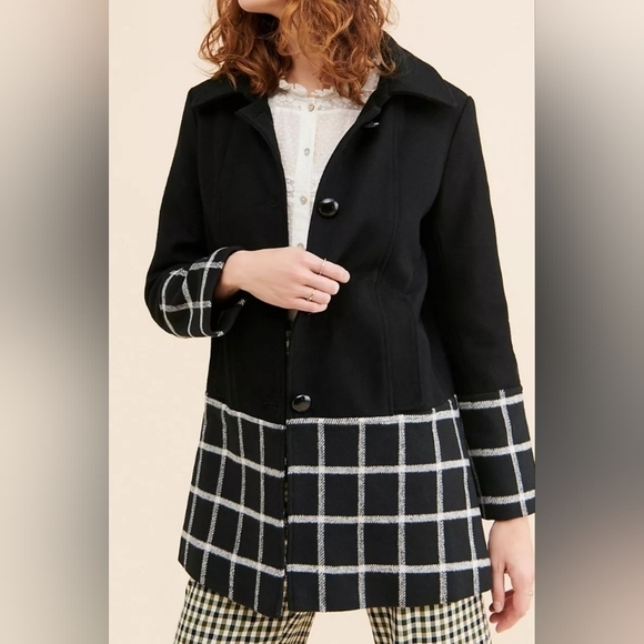 Anthropologie Hutch Windowpane Coat Wool Blend SMALL BLACK with White - Picture 1 of 15
